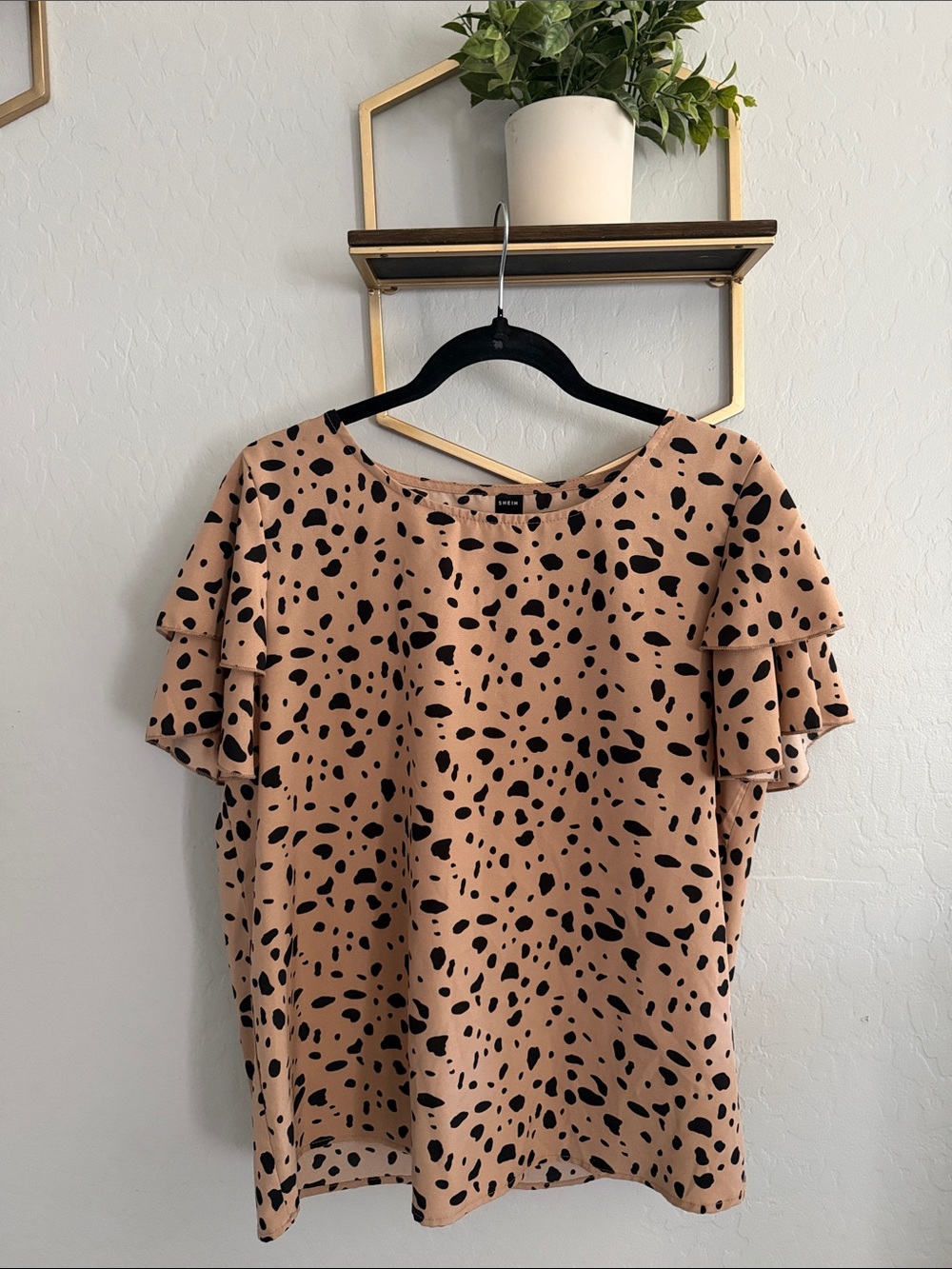 SHEIN Beige Blouse with Black Spot Print and Ruffle Sleeves